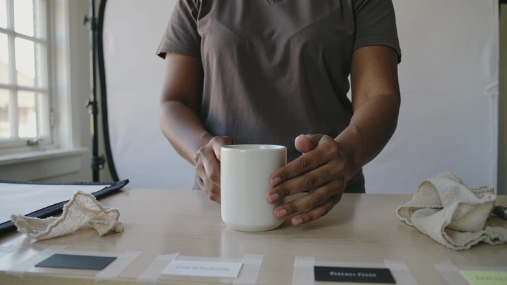 Gripping mug, woman hands centering white mug on table in studio for display, with sample cards