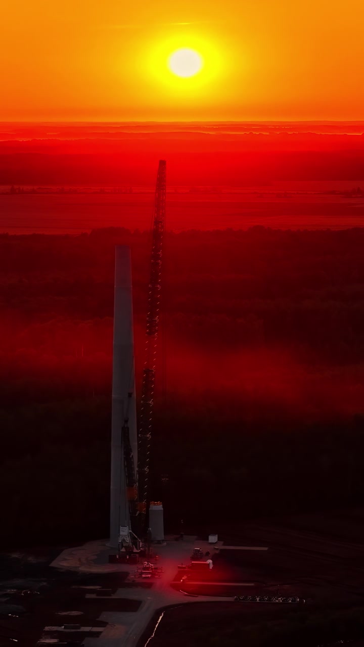 Tall construction crane and structure at worksite during vivid red sunset sky
