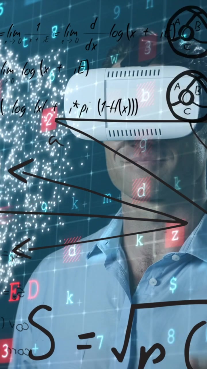 Animation of connections, data and digital padlock over caucasian man in vr headset