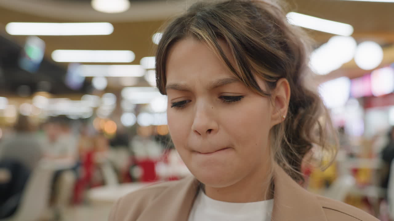 Mujer disfrutando de una hamburguesa entre la multitud, persona probando una hamburguesa en medio de un bullicioso ambiente de patio de comidas, influencer caucásica saboreando con pasión una hamburguesa mientras captura momentos animados en el patio de comidas.