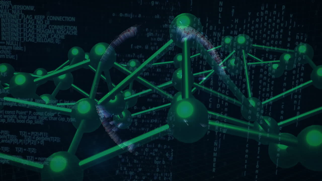 Data network floating above grid with particle globe showing neon-green nodes, rods cascading code