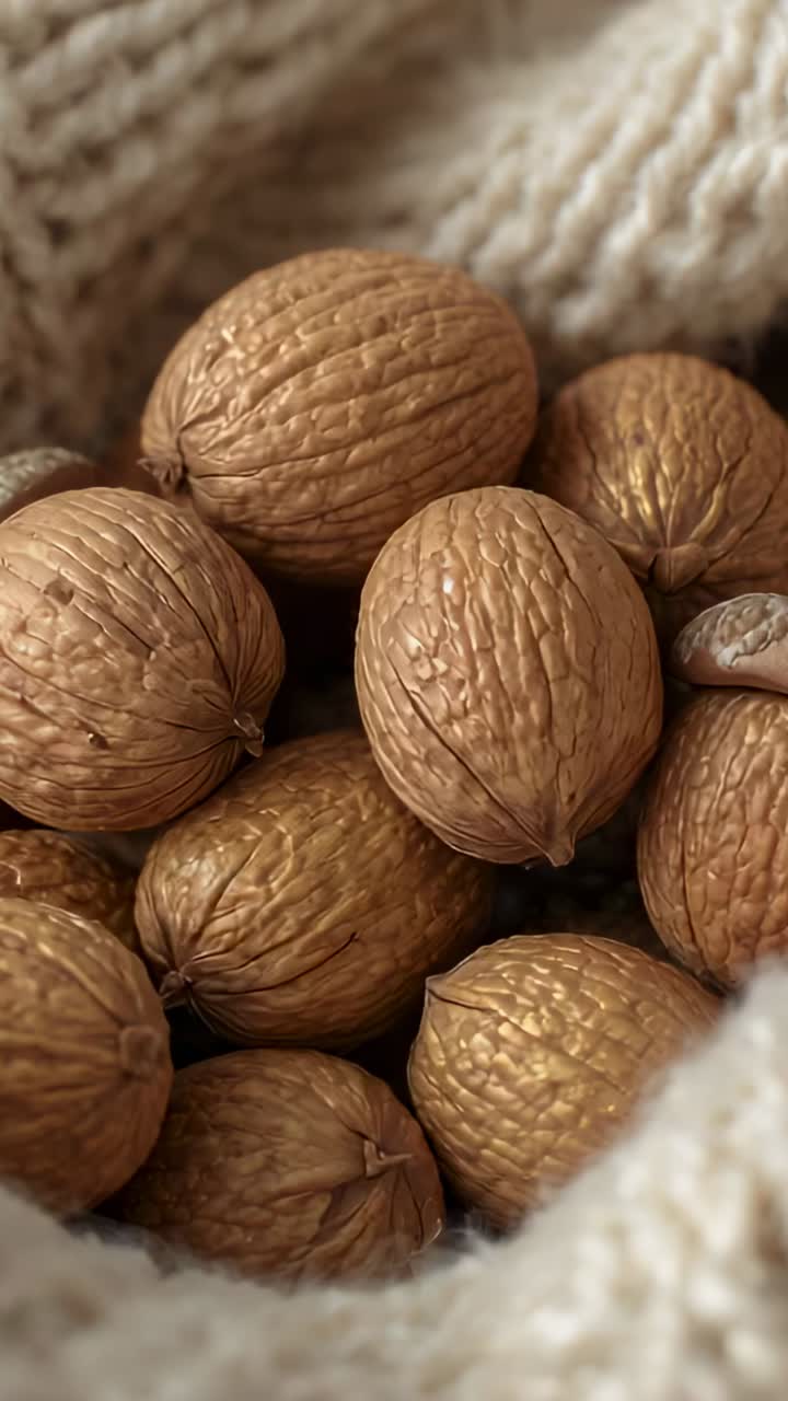 Vertical video: Focusing whole walnuts on cream knit lap, finger nudging pile, shells shifting