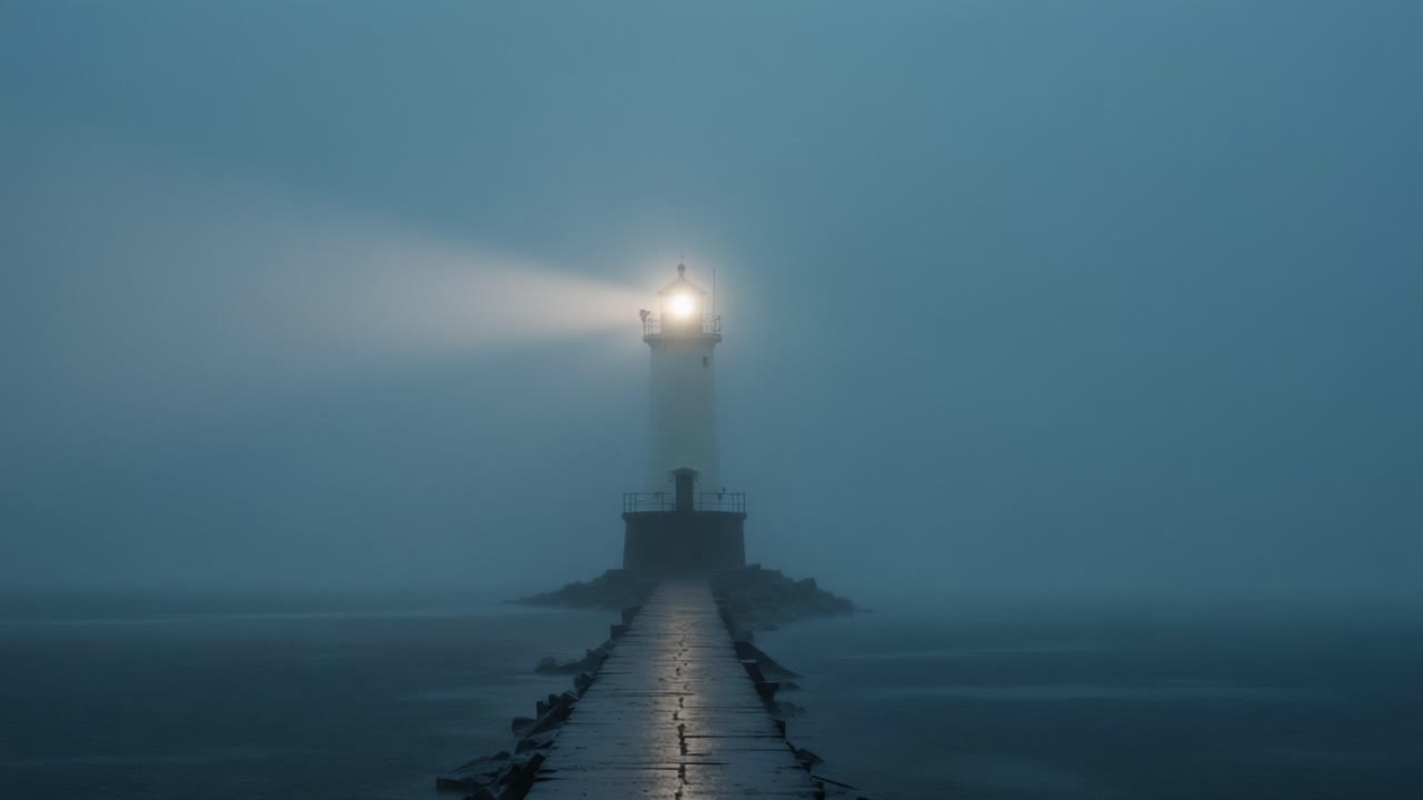 Lighthouse in dense fog with a piercing light beam