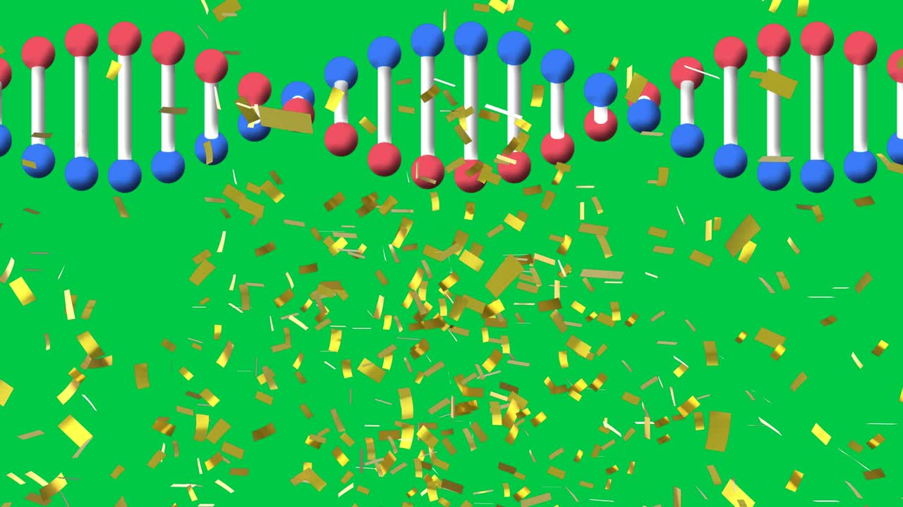 녹색 스크린 배경에서 dna 가닥 위로 떨어지는 콘페티의 애니메이션