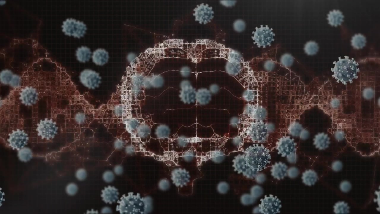 Animazione di cellule virali che fluttuano sul DNA e sfondo nero.