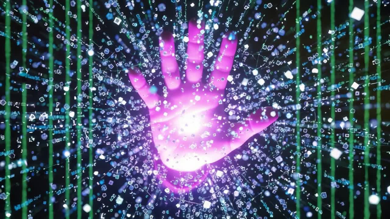 A Glowing Hand Reaching Out in a Digital Universe Surrounded by Floating Particles and Binary Patterns, Reflecting the Intersection of Technology and Humanity