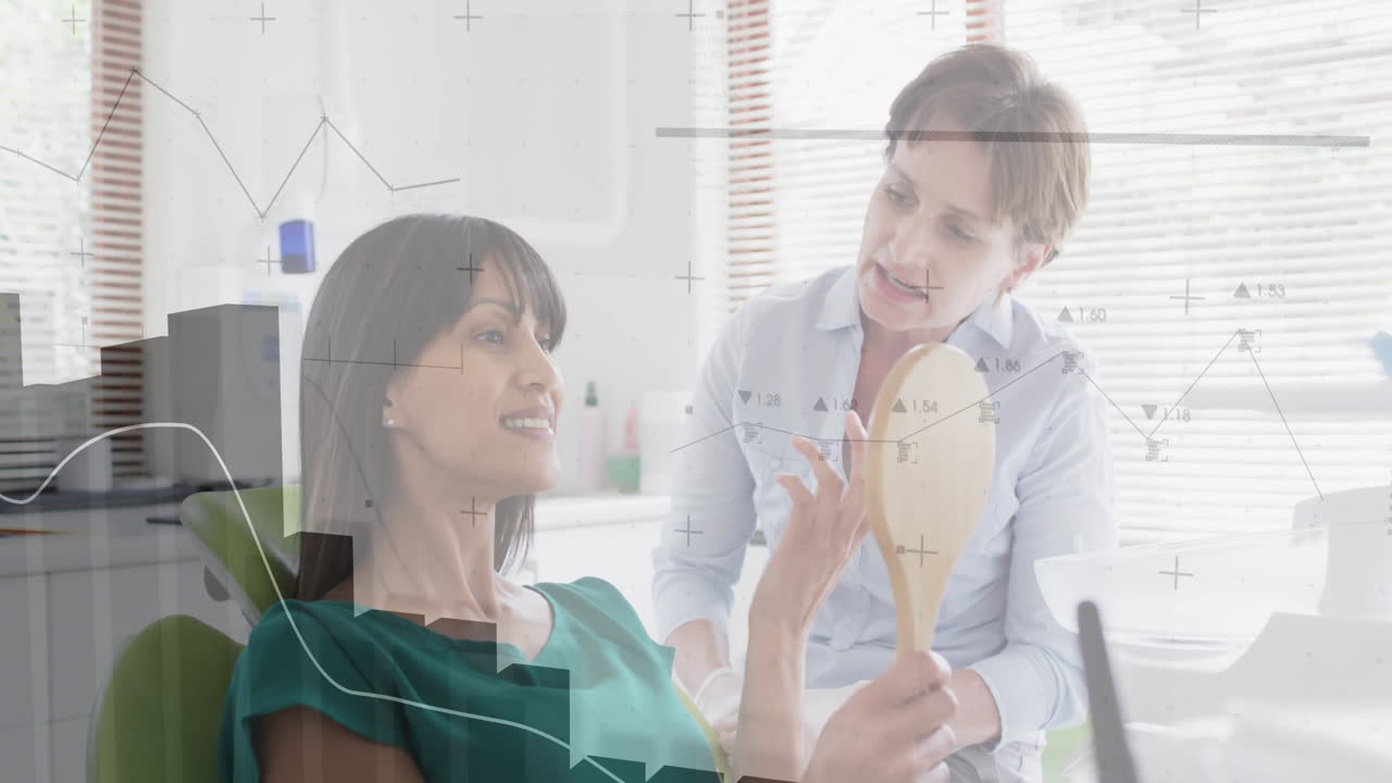 Dentist guiding patient in green dental chair, with floating tooth icons and health chart graphics