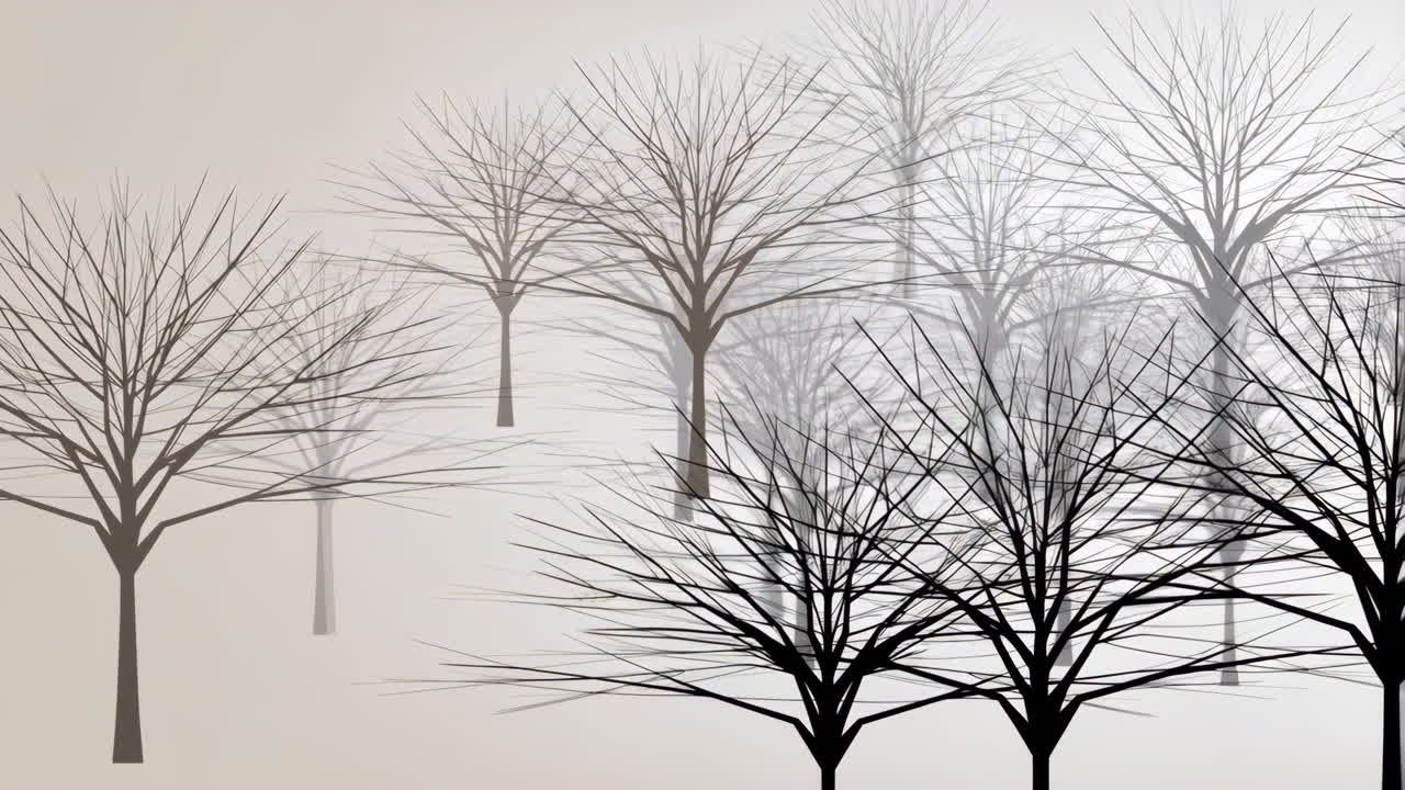 Silhouetted Bare Trees in a Misty Forest