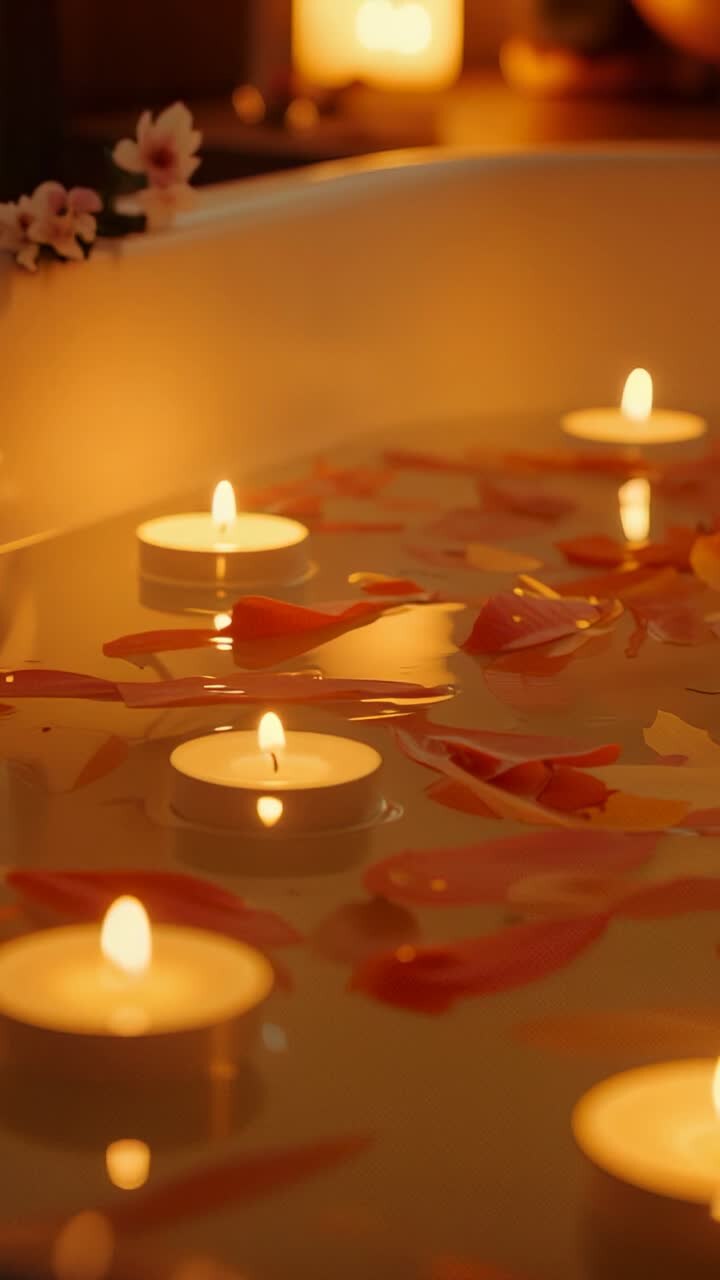 Vertical video: Bathtub with floating rose petals drifting in bathroom, with flickering candle glow