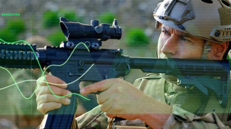 Soldier adjusting rifle grip as rendering status appearing, green waves covering grip for training