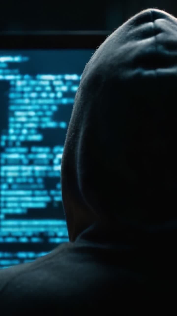Una Figura Misteriosa Osserva Linee di Codice su uno Schermo Luminoso, Addentrandosi nel Complesso Mondo della Tecnologia Cibernetica e delle Tecniche di Hacking