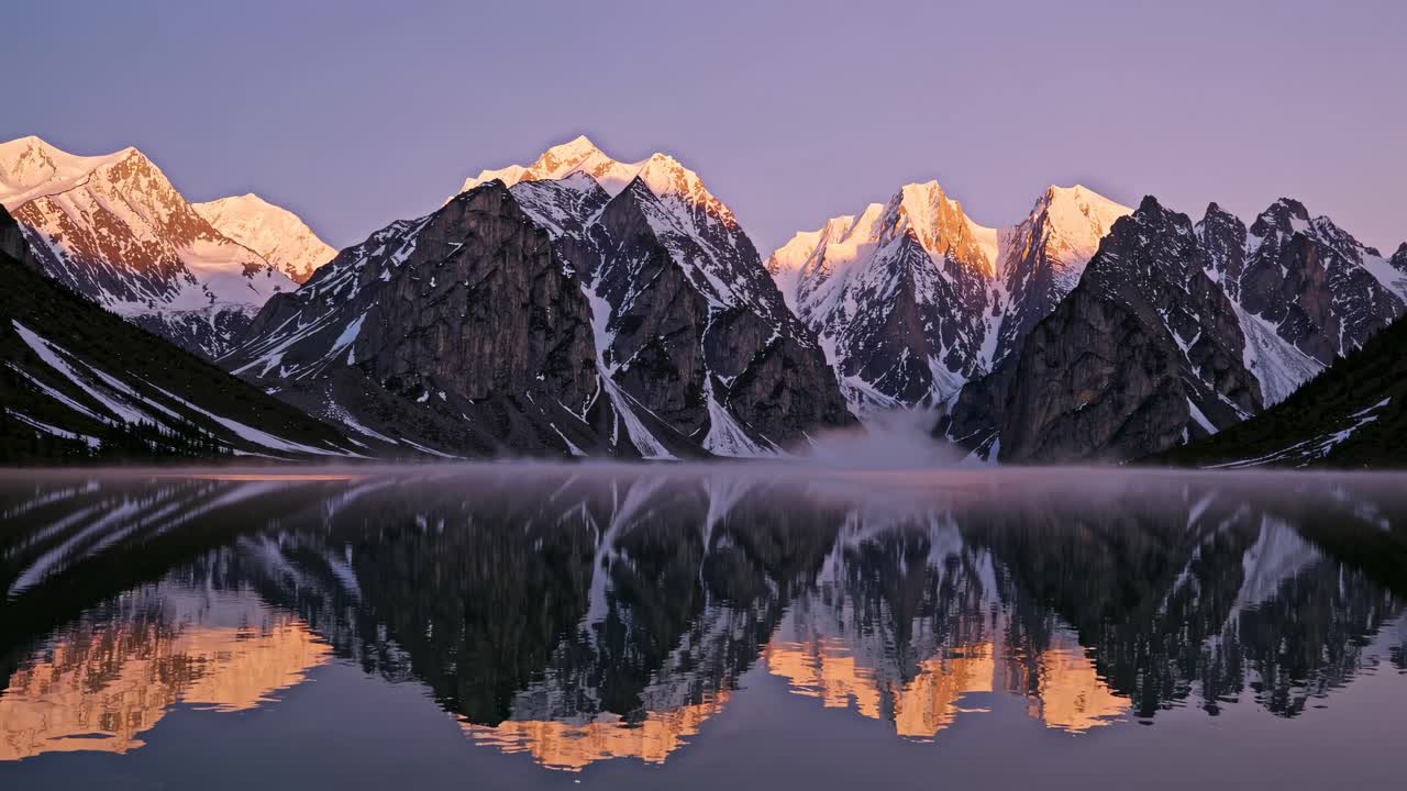 A breathtaking wide-angle shot captures snow-capped mountains reflected in a serene lake at sunset