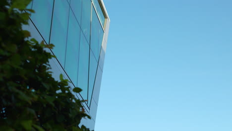 Modern-building-facade-with-reflective-glass-and-green-leaves,-against-blue-sky