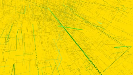 Animation-of-green-light-trails-over-3d-mesh-on-yellow-background
