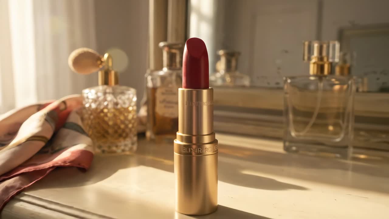 Close Up of Red Lipstick on a Vanity Table with Perfume Bottles