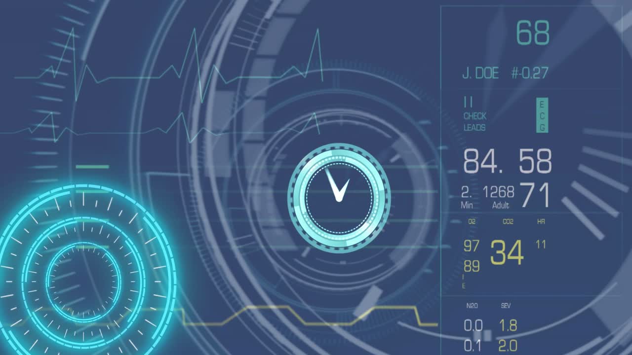 화면에서 시계, 범위 스캐닝 및 데이터 처리의 애니메이션