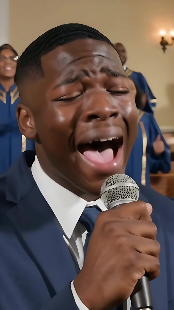 Vertical video: Hearing cue soloist in suit tie going soft into loud singing holding mic in church