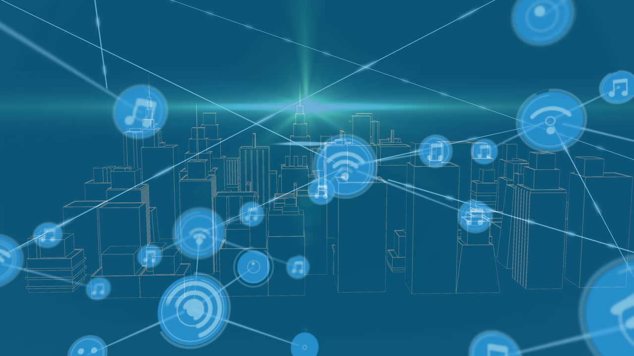 animación de la red de conexiones con iconos sobre la ciudad digital sobre fondo azul