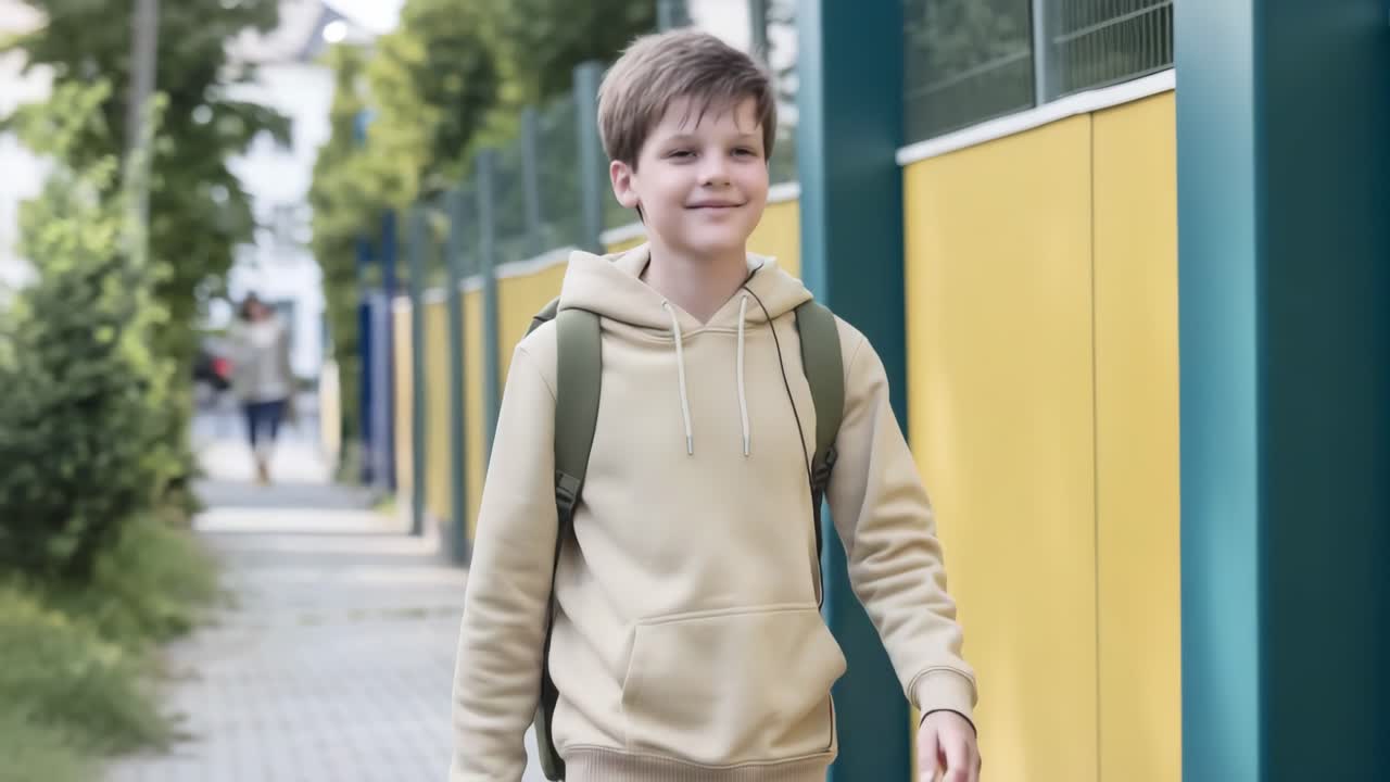 Jonge jongen in beige hoodie loopt over een kleurrijk trottoir, straalt geluk en zelfvertrouwen uit en legt de essentie van kinderverkenning en stedelijk avontuur vast