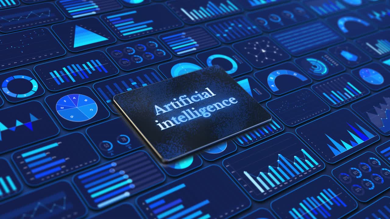 Human hand click on tablet device displaying artificial intelligence financial data dashboard