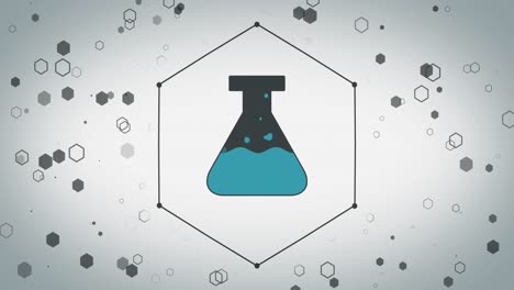 animation of beaker icon over hexagons on white background