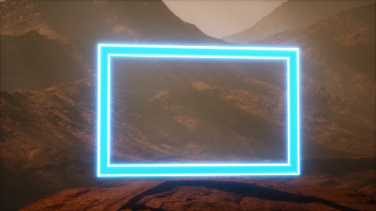 portal de neón en la superficie del planeta marte con el soplo de polvo