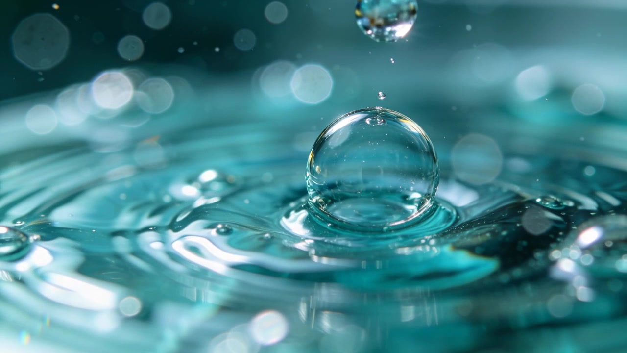 Fallender klarer Wassertropfen trifft auf türkisfarbenes Studionwasser und erzeugt eine zurückprallende Kugel und Wellen.