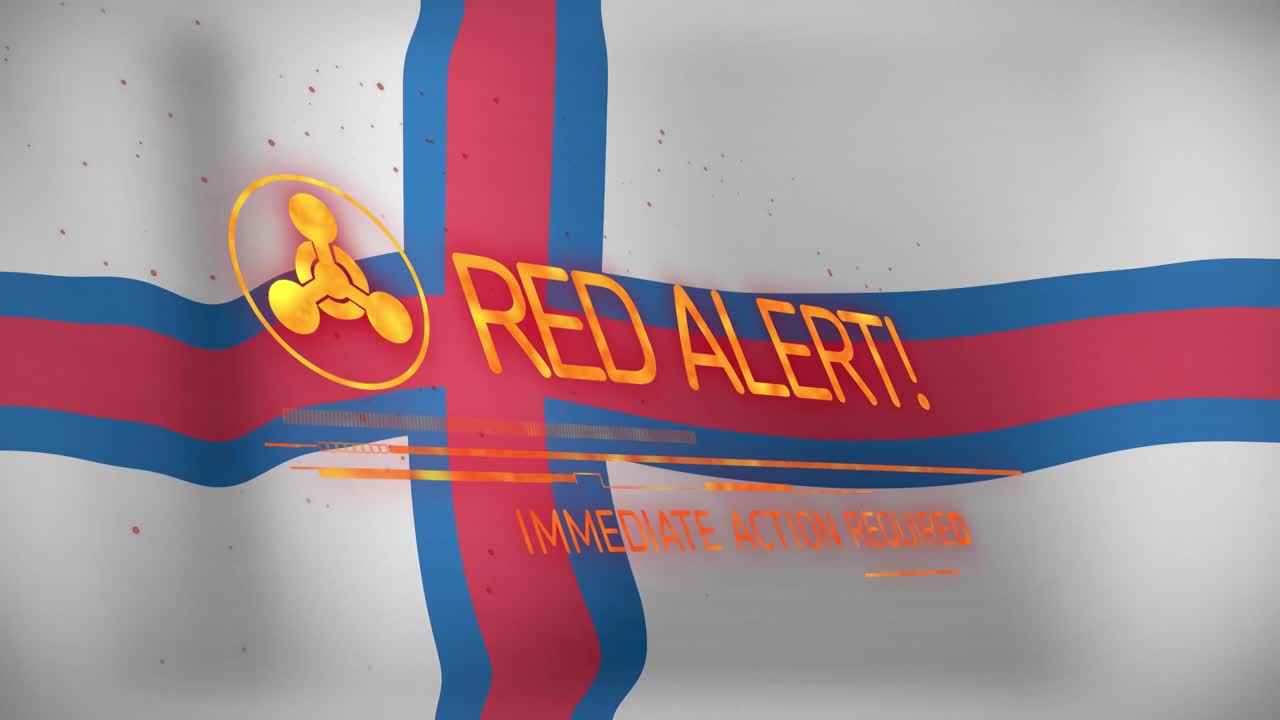 animación de símbolo abstracto y alerta roja, acción inmediata requerida texto sobre la bandera de las islas feroe