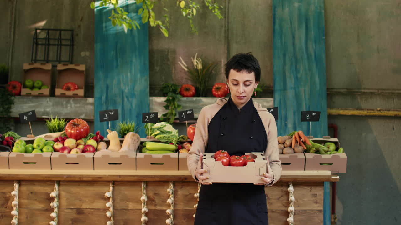 A woman holds a box of fresh tomatoes at a farmer's market