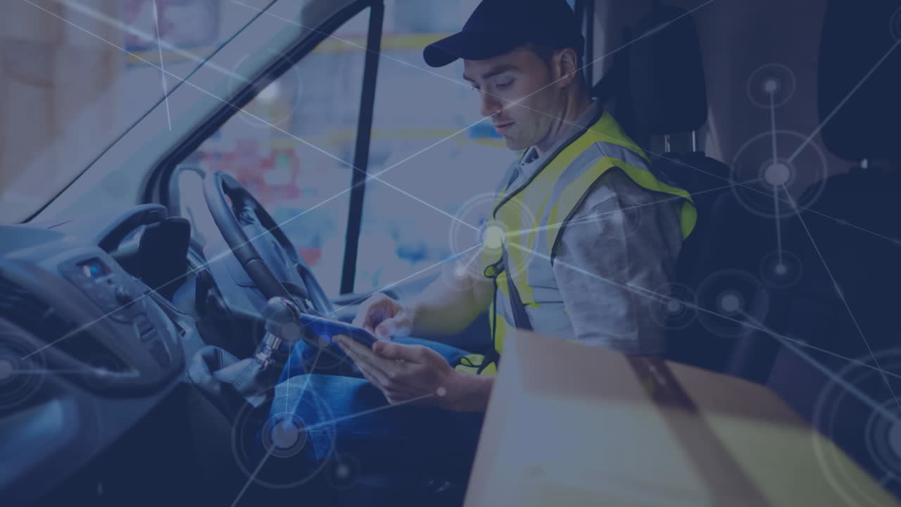 Composizione Magazzino. Consegna pacchi combinata con animazione astratta.