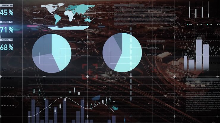 Animation of statistics and data processing over cityscape