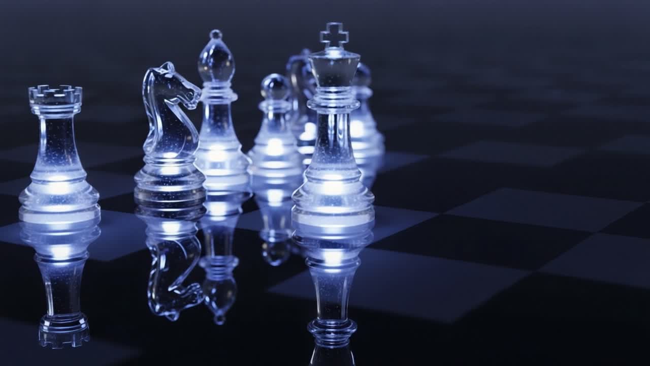 A Captivating Display of Illuminated Glass Chess Pieces on a Darkened Board, Showcasing Strategy, Depth, and Precision in Every Move Captured in This Mesmerizing Scene