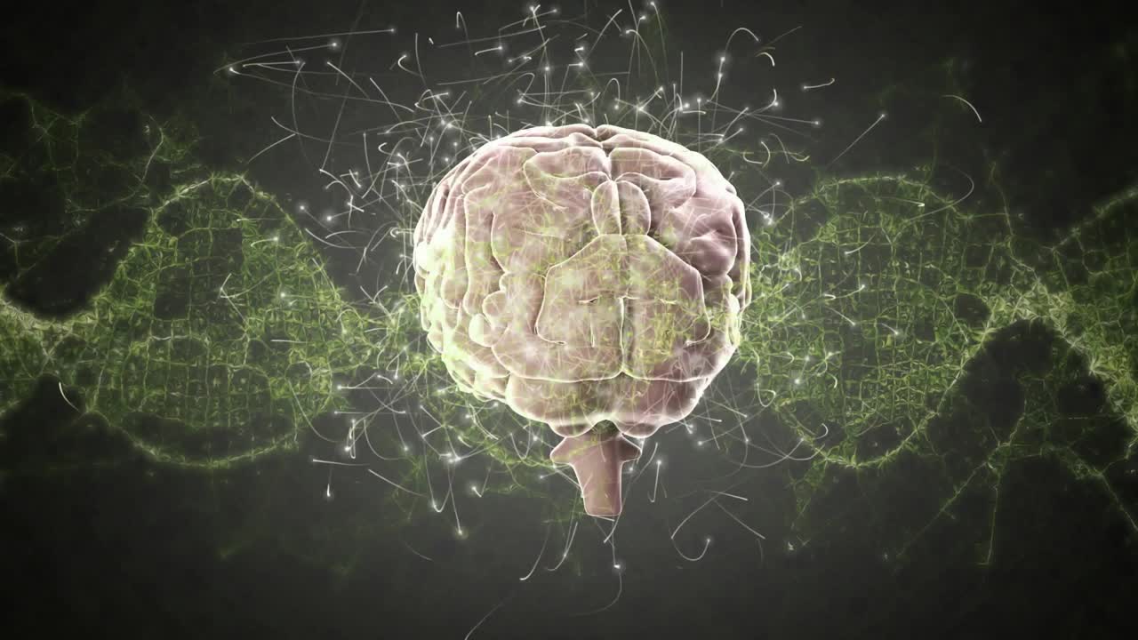 Modello di cervello appare al centro, neuroni che si attivano, ruotando in mezzo a un'elica crescente, visualizzando segnali