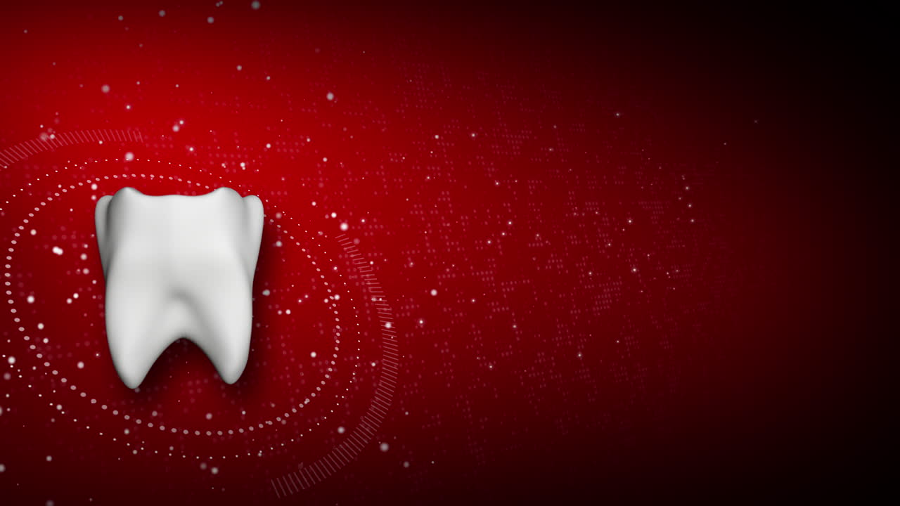 Rotating 3d model of a tooth on an abstract medical dental red background with flying particles. Looped animation.