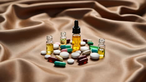 pills and essential oils on silk fabric