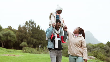 father, mother or child in park with parents