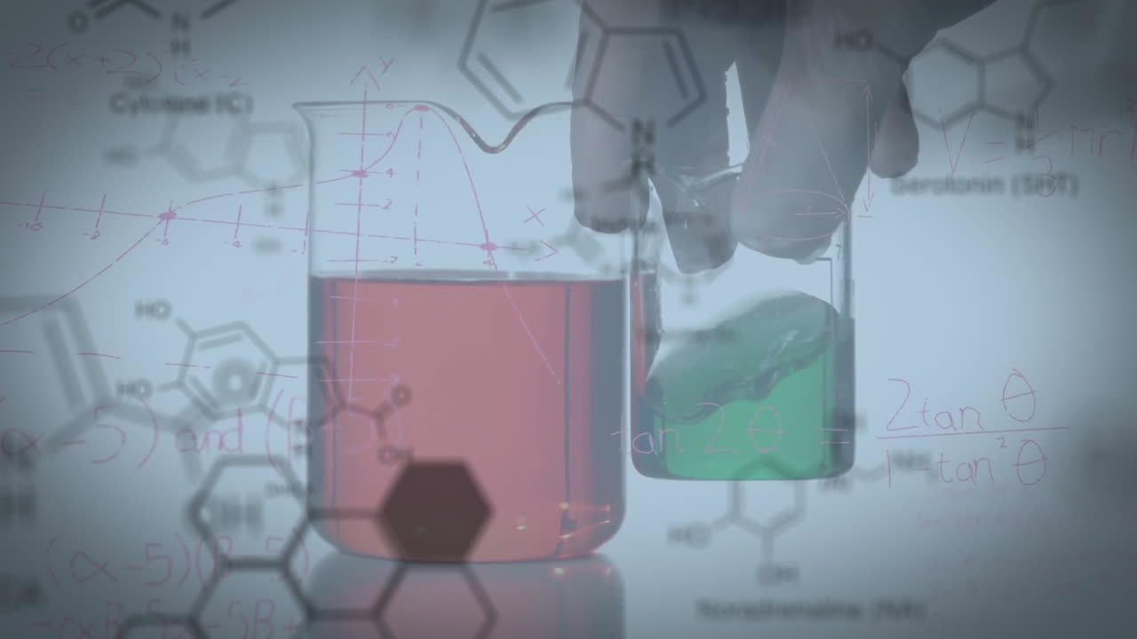 animación del procesamiento de datos científicos en vasos de ensayo de laboratorio