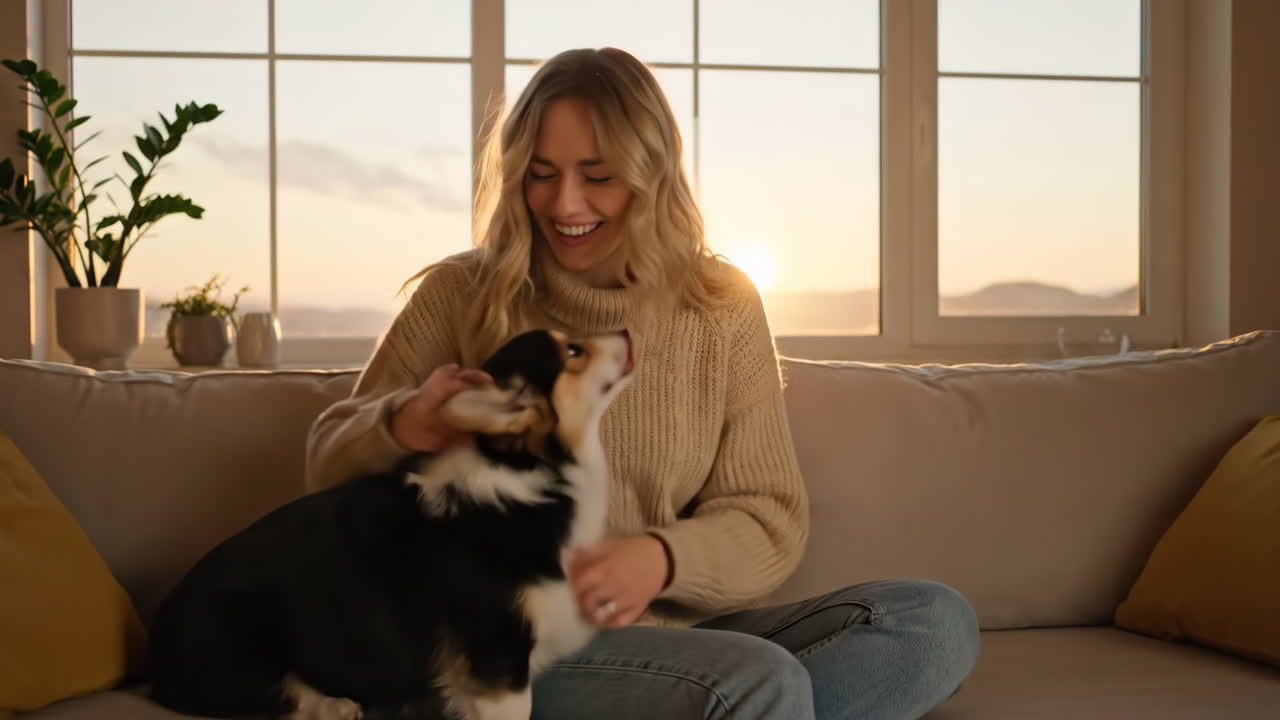Woman petting corgi dog on the couch at home