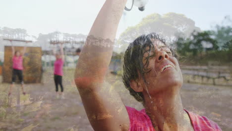 cooling off with water bottle, woman in pink shirt over nature scene
