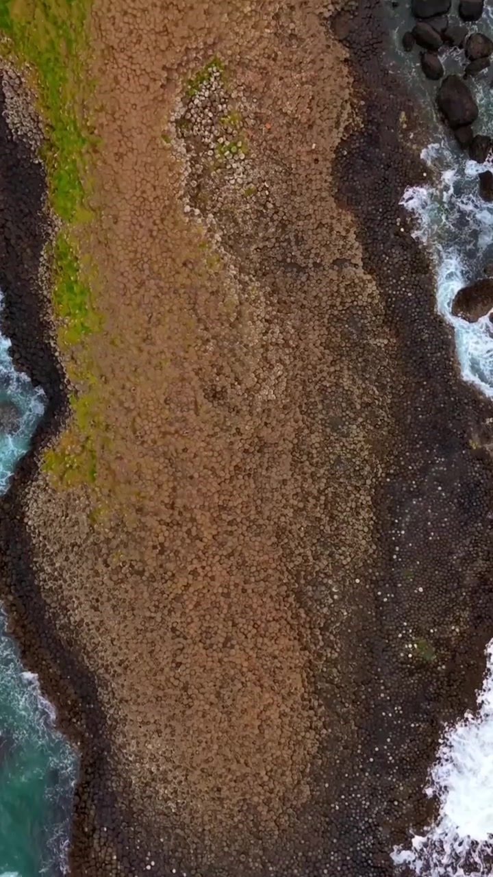 Video aereo dall'alto in formato social del Selciato del Gigante a Bushmills, Contea di Antrim nell'Irlanda del Nord, Regno Unito. Prodotto in formato verticale 1080x1920 con colore Rec709.