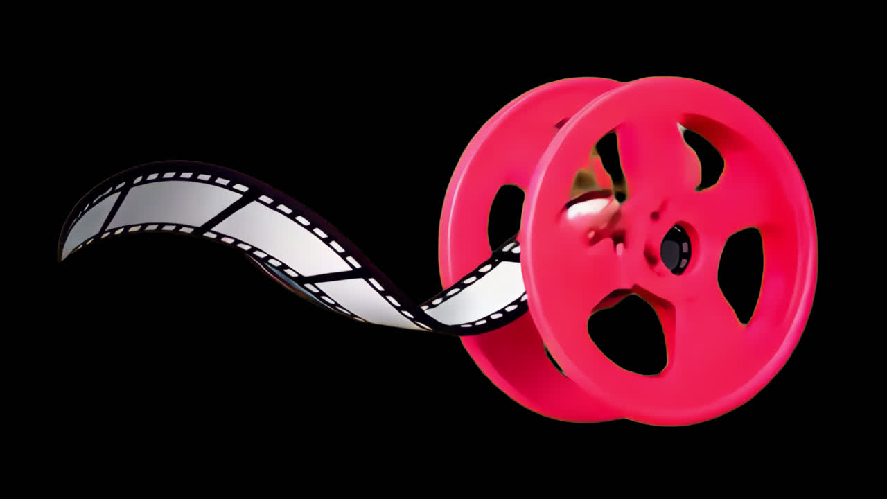 Film reel with ribbon animation isolated asset, transparent 4K video, alpha channel, ProRes 4444