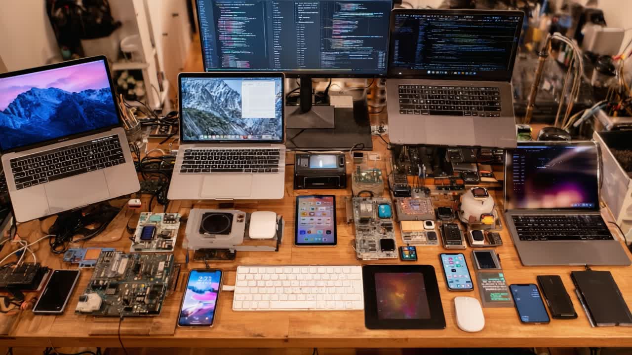 An Impressive Array of Technology: A Workstation Filled with Multiple Laptops, Smartphones, and Circuit Boards Showcasing the Latest in Digital Innovation and Connectivity