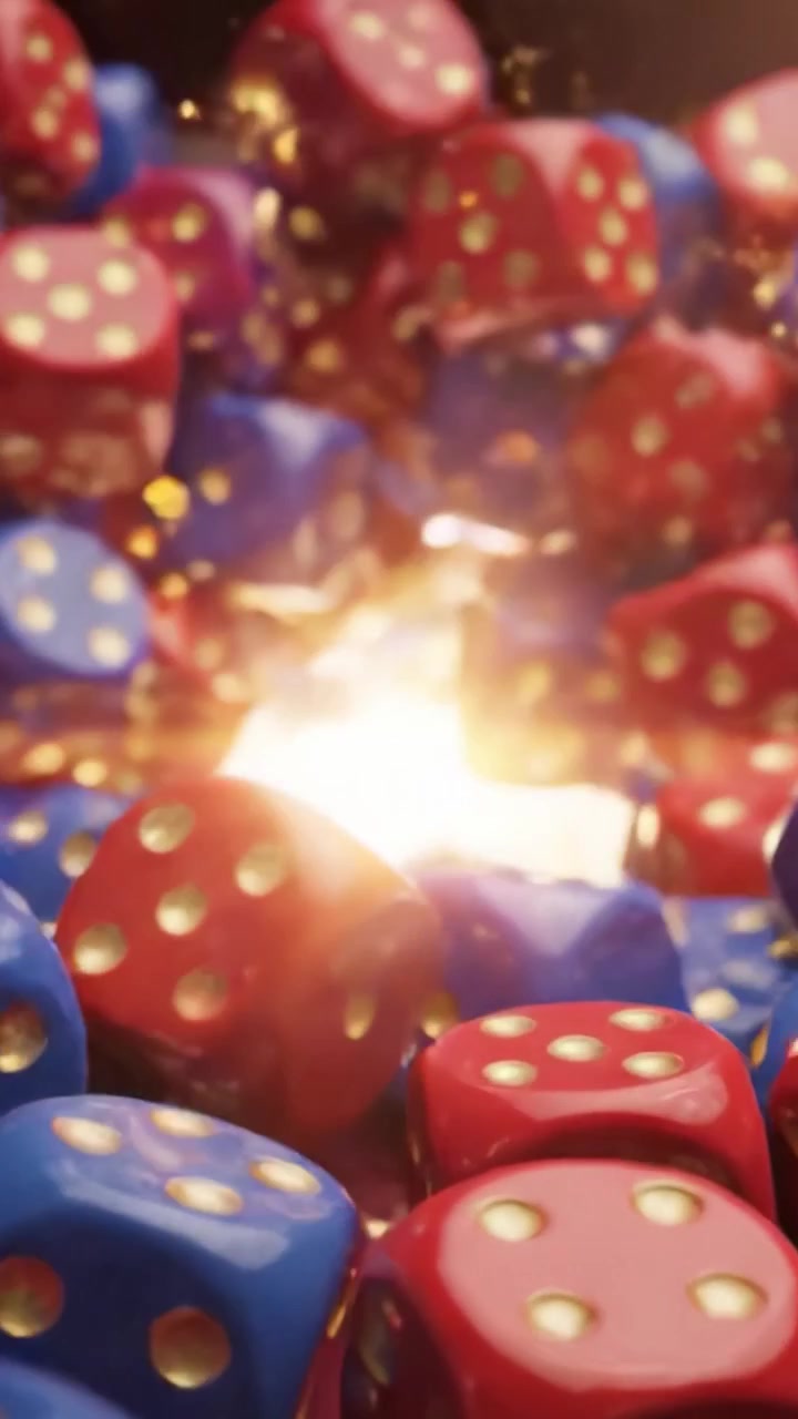Una Vibrante Disposición de Dados Rojos y Azules Creando una Colorida Explosión de Emoción y Azar en un Entorno de Juego
