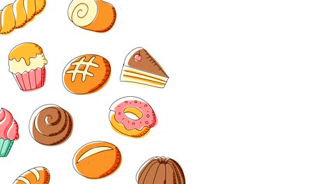 patrón de panadería en movimiento fondo dibujos animados ilustración de dibujo a mano aislada en fondo blanco animación de bucle sin costuras 4k, con espacio de copia central