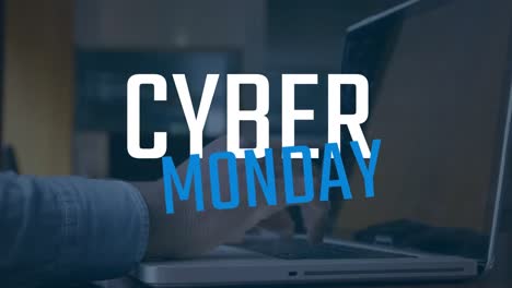 man using laptop against cyber monday text 4k