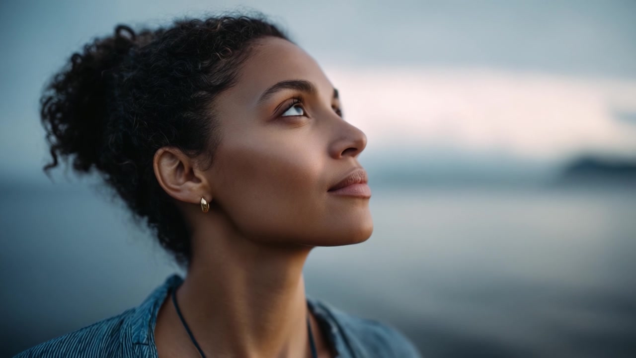 Una donna pensierosa guarda in lontananza contro uno sfondo sereno, incarnando sentimenti di introspezione, speranza e connessione con la natura in questo momento tranquillo.