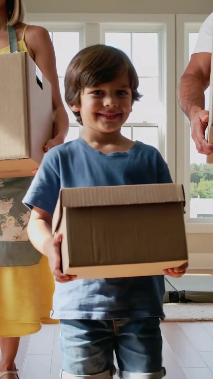 Video verticale: Famiglia in arrivo che trasporta scatoloni, ragazzo con maglietta blu che tiene una piccola scatola sui gradini di casa
