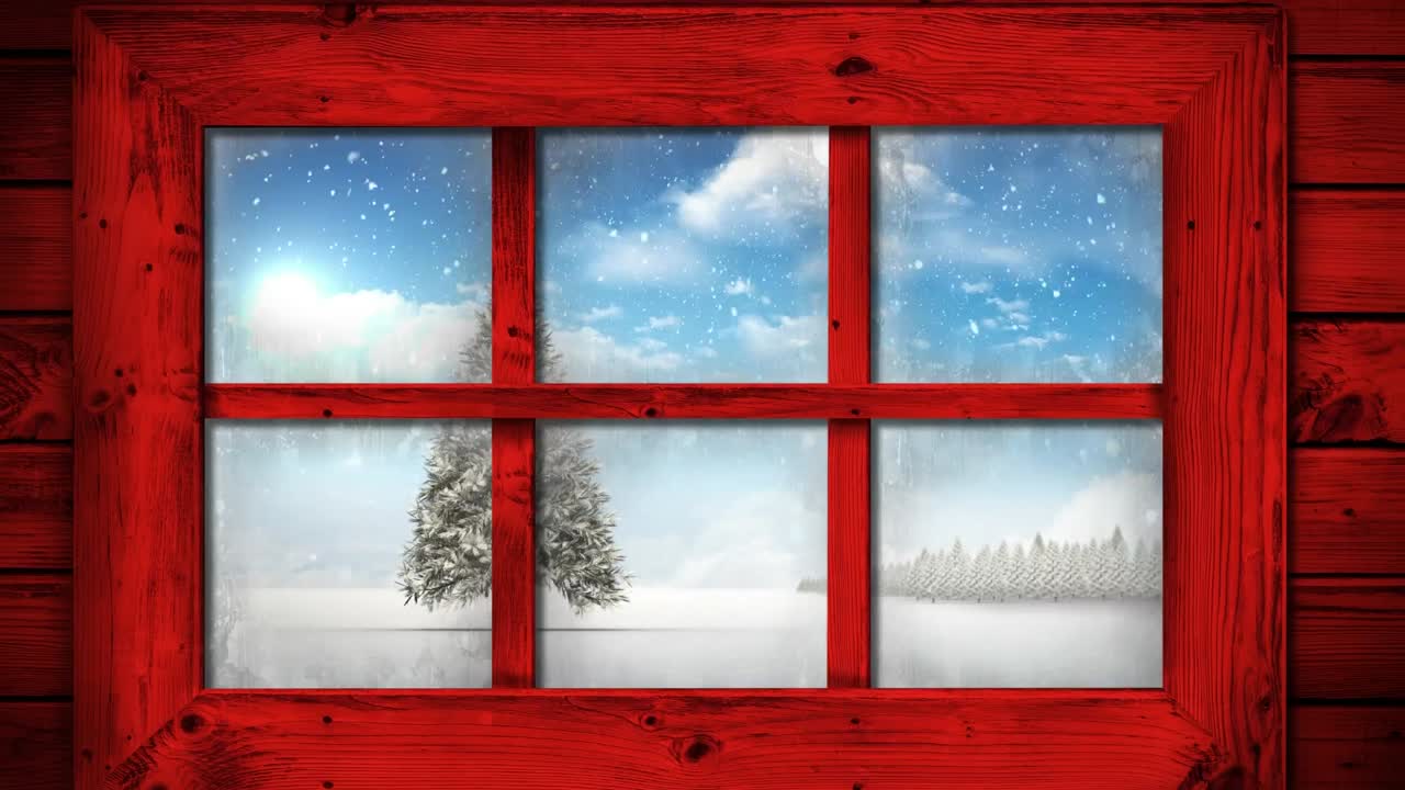 크리스마스 트리와 겨울 풍경의 창문 전망의 애니메이션