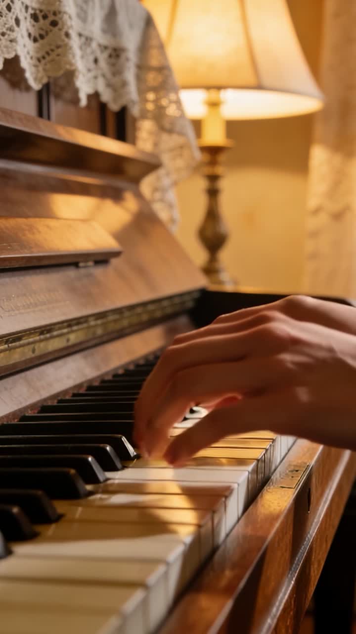 Mani del pianista che scendono nel registro medio, premendo le note e modellando la musica sotto la luce calda di una lampada.