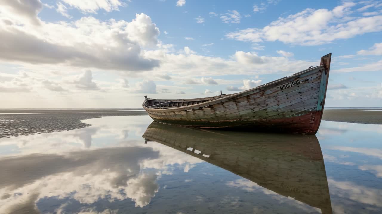 Et fredfyldt sceneri med en forladt båd på kysten, der spejler smukke skyer og himmel, mens tidevandet trækker sig tilbage, og indfanger et øjeblik af stilhed og naturlig skønhed.